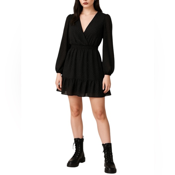 Indigo Rose Black Metallic Dot Mini Dress Small | Gothic Glam Ruffle Hem Party - Picture 1 of 13